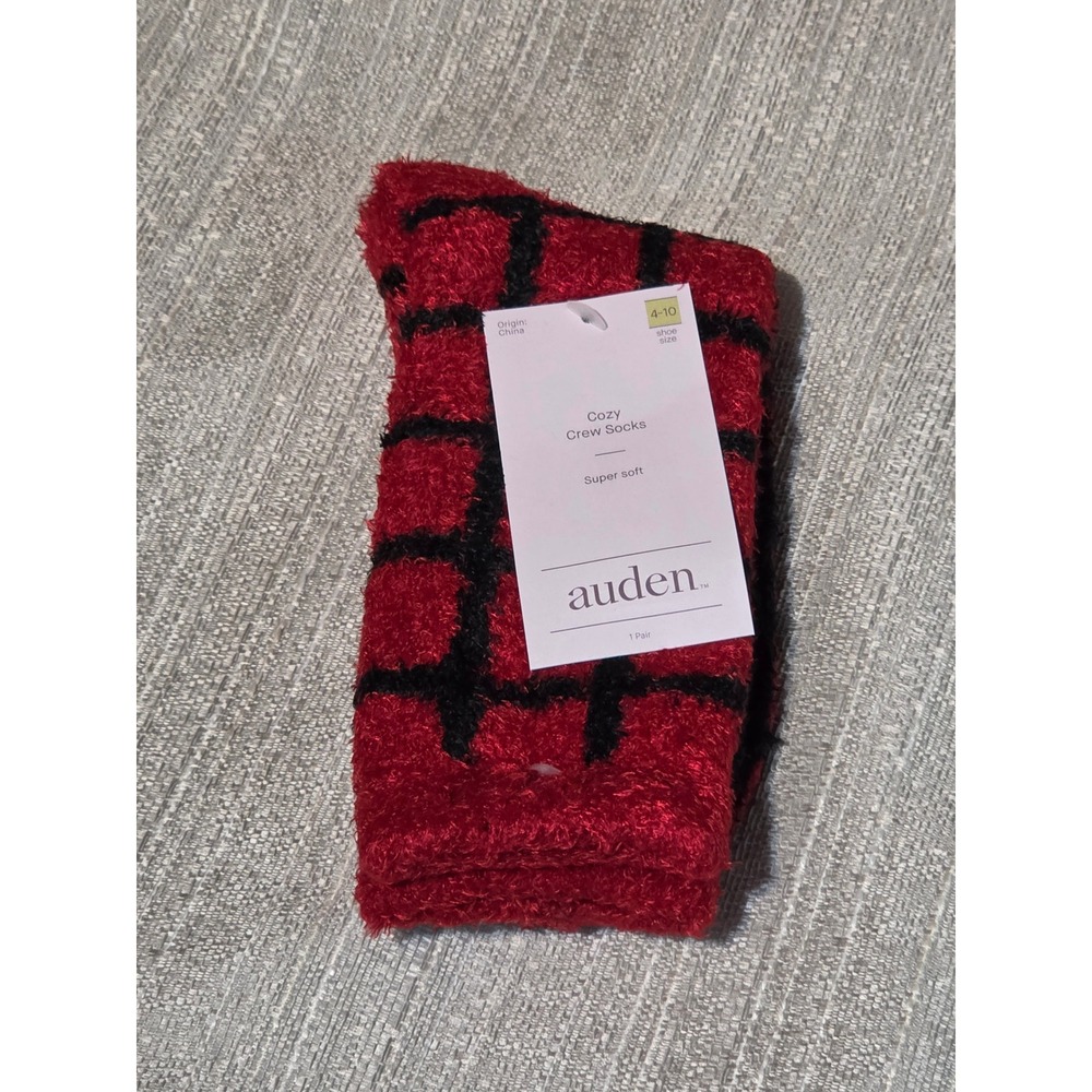 Auden Cozy Crew Socks Red Black Plaid Fuzzy Super Soft Shoe Size 4-10 NWT